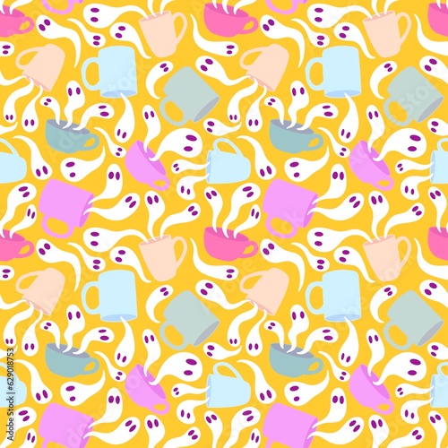Halloween cartoon monsters seamless ghost and cup of tea and coffee pattern for wrapping paper and fabrics