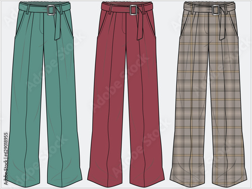 WIDE LEG SLOUCHY FIT BOTTOM WITH PLEATED FRONT AND SELF FABRIC BELT IN CHECKERED PATTERN  FOR WOMEN CORPORATE WEAR IN EDITABLE VECTOR FILE