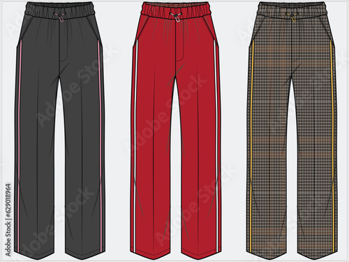STRAIGHT LEG FIT CIGARETTE FIT PANTS TROUSER SIDE CONTRAST TAPING DETAIL PLAID CHECKERED PATTERN DESIGNED FOR WOMEN AND TEENS WEAR IN EDITABLE FILE