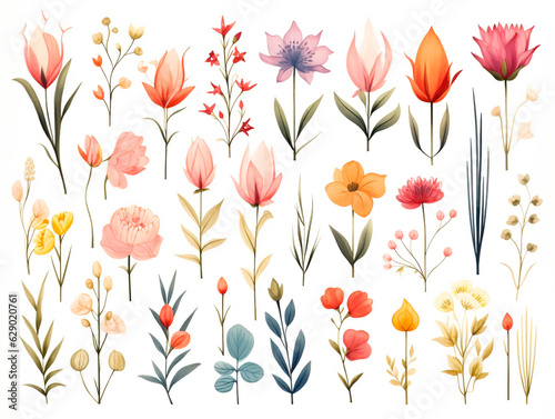 Set of hand drawn floral elements isolated on white background. vector illustration.AI generated 