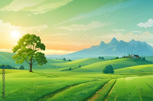 A green field with a tree and mountains in the background Generative AI