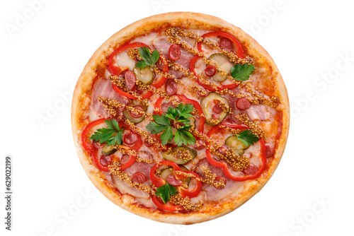 pizza with bacon, hunting sausages, Dijon mustard, sweet pepper, mozzarella on a white background for the food delivery site menu