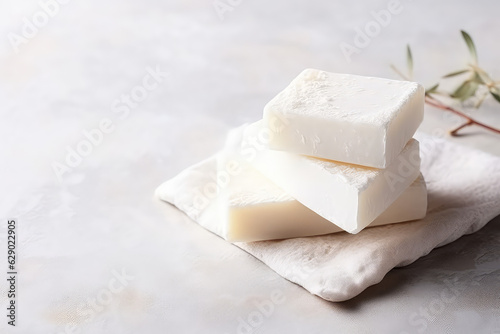Lumps of white natural soap lay on the table. Banner template with copy space for text. Natural cosmetics, handmade soap, eco-friendly square bars of soap.