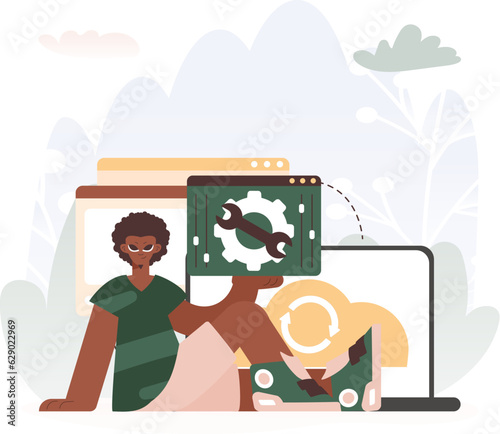 A Vector Chart of a man Holding a Browser Window with Gears and Torque, Idealize for Tech and Progress Concepts.