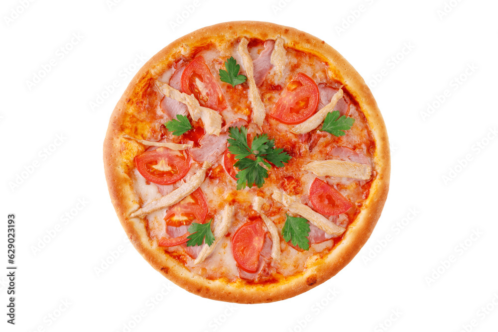 pizza with mozzarella, tomato, chicken fillet and ham on white background for food delivery website menu 1 pizza with mozzarella, tomato, chicken fillet and ham on white background for food delivery website menu 1