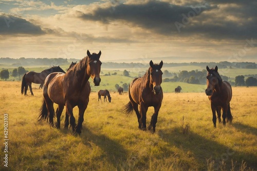 horses are walking in the field, ai generator