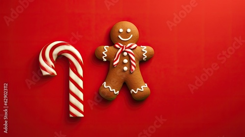Christmas banner, gingerbread man and candy cane on red background at Christmastime. Tradition of Happy Christmas. Joyful celebrations with festive joy and sweet treats photo
