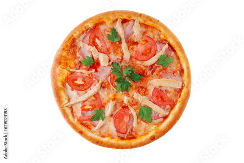 pizza with mozzarella, tomato, chicken fillet and ham on white background for food delivery website menu 1