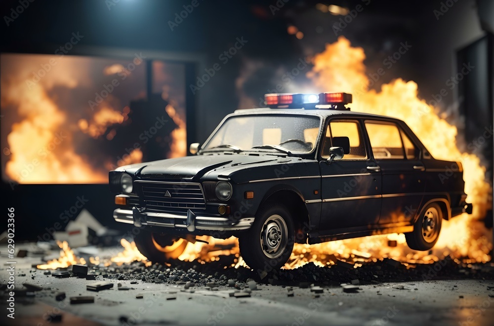 Fototapeta premium A police car on fire Generative AI