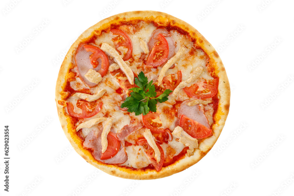 pizza with mozzarella, tomato, chicken fillet and ham on white background for food delivery website menu pizza with mozzarella, tomato, chicken fillet and ham on white background for food delivery website menu