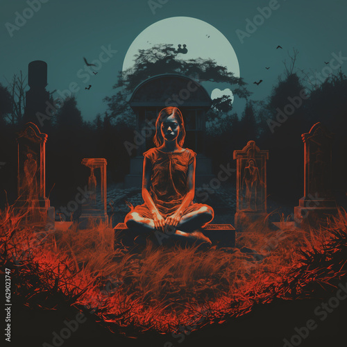Mujer fantasma sentada en cementerio