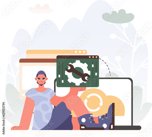 A Vector Chart of a man Holding a Browser Window with Gears and Torque, Idealize for Tech and Development Concepts.