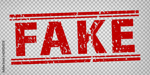 Fake stamp design on transparent background.  Grunge rubber stamp with word Fake in red. Flat design. Vector illustration EPS10. 
