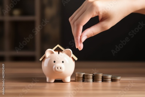 Closeup of hand putting coin in house piggy bank on wood
