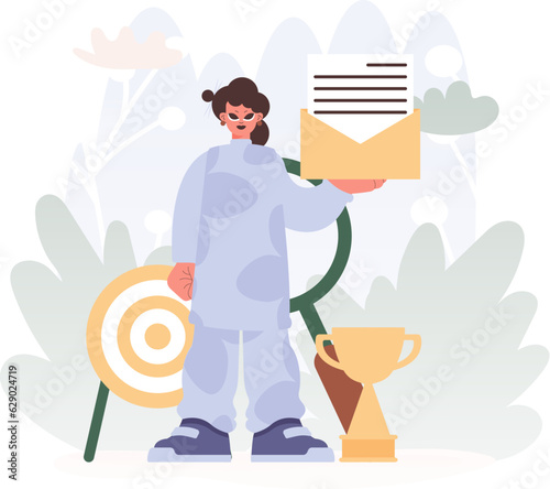 A Vector Format of a Young lady Holding an Envelope with a Letter, Bolstered by a Opening Glass and Target.