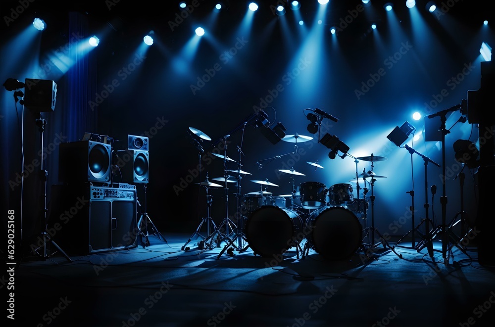 A stage with a drum set and speakers Generative AI