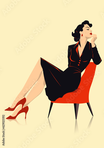 Vintage Fashion Woman in a dress on a red chair.