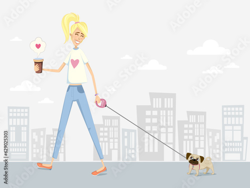 blonde woman walking on street with cute pug