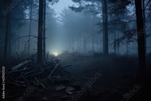 Dark gloomy forest. Night in the forest. Nature scene with forest and moonlight. Night view of the forest  nature  fog  smog  smoke.