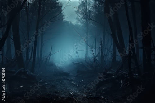 Dark gloomy forest. Night in the forest. Nature scene with forest and moonlight. Night view of the forest, nature, fog, smog, smoke. © Anatolii
