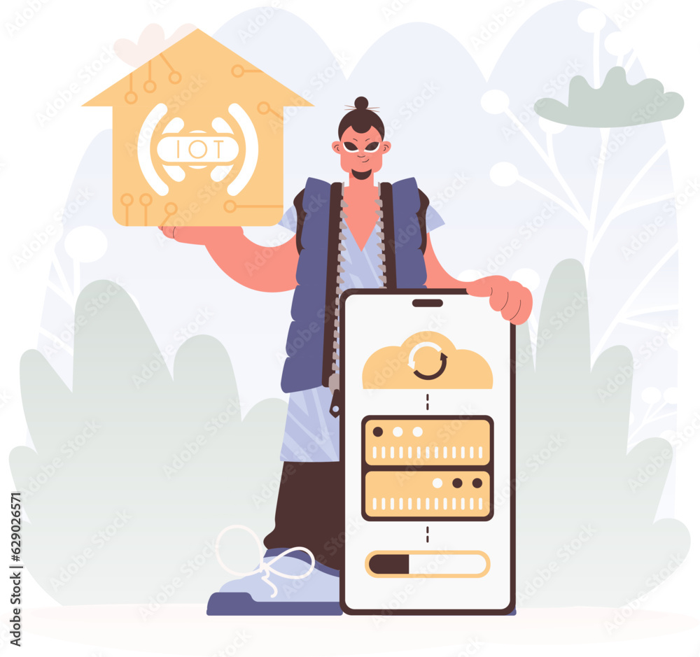 A Vector Chart of a man Holding a Private Picture with the Carving IoT, Celebrating Sharp Private Organize and Advanced Living.