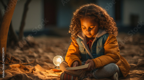 A girl reading a book under the light of a solar-powered lamp, symbolizing the importance of education in breaking the cycle of poverty Generative AI