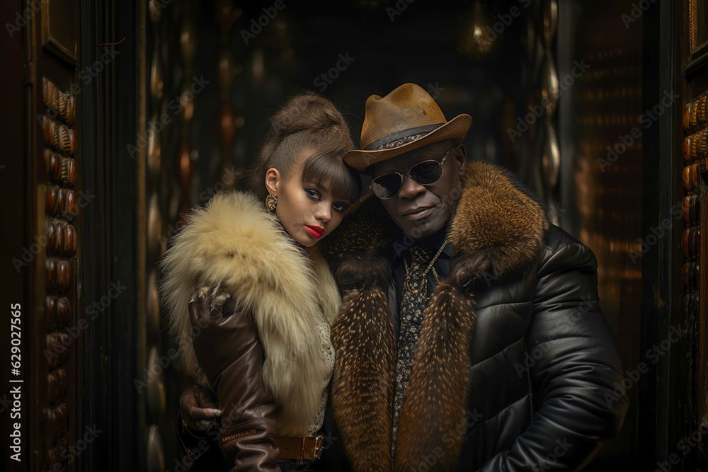 Portrait of a couple in a fur coats - Fur-Clad Duo: Contemporary Realist Portrait Showcasing Urban Sophistication and Grace. Generative AI