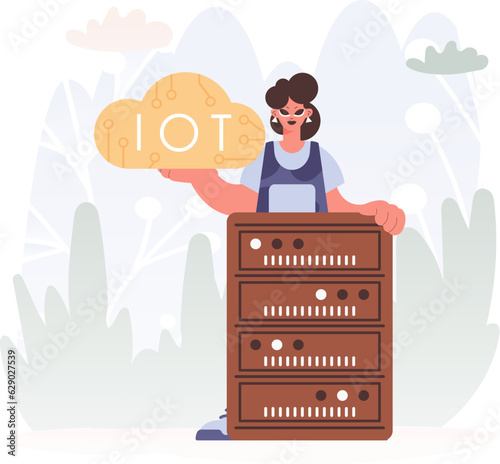 Youthful woman Getting a handle on the IoT Picture Interior the center of a Organize of Servers, Symbolizing the Interconnectivity and Mechanical Headways of Progressed Times.