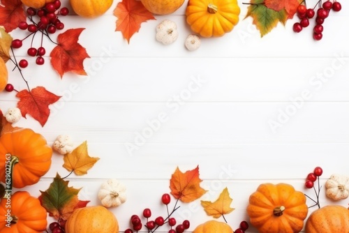 Festive autumn decor from pumpkins  berries and leaves on a white wooden background. Concept of Thanksgiving day or Halloween. Flat lay autumn composition with copy space.