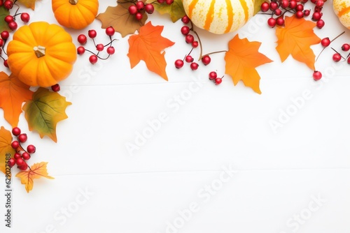 Festive autumn decor from pumpkins  berries and leaves on a white wooden background. Concept of Thanksgiving day or Halloween. Flat lay autumn composition with copy space.