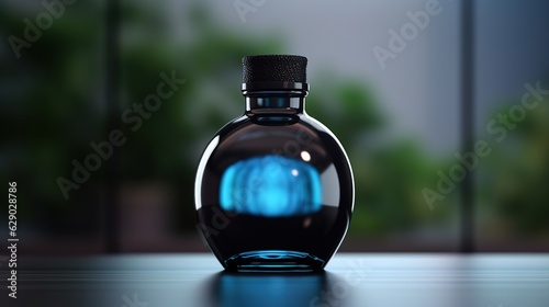 Dark glass bottle with single liquid drop