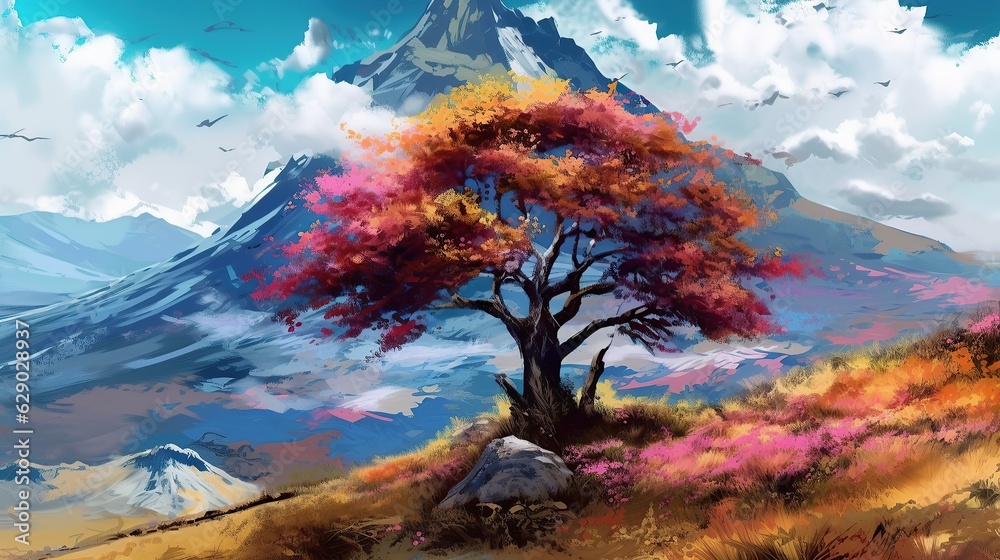 digital painting of a mountain with a colorful tree