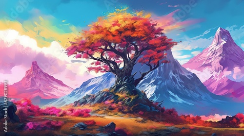 digital painting of a mountain with a colorful tree
