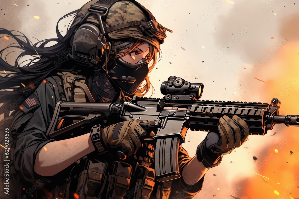 Obraz premium Courageous female soldier with rifle in hands, explosions and dust in background, Generative AI