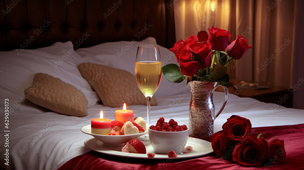 a tray of champagne roses and candles on the bed in a hotel for a romantic dinner. Generative Ai. a tray of champagne roses and candles on the bed in a hotel for a romantic dinner. Generative Ai.