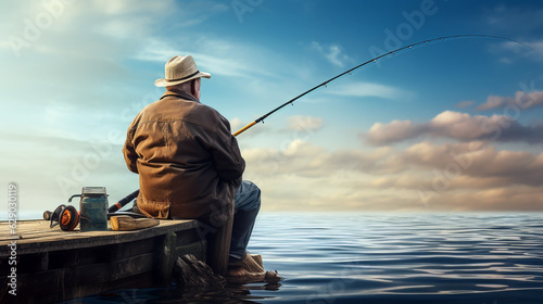 fisherman catches fish in the morning. Generative Ai. 