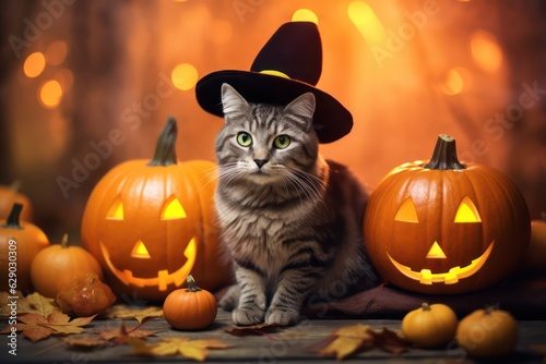 Funny tabby cat with green eyes in wizard hat sits on ground covered with colourful leaves near orange glowing yellow pumpkin against backdrop of magical autumn forest. Halloween celebration concept © Anatolii