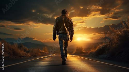 a man in a leather jacket walks down the road beyond the horizon at sunset. Generative Ai. 