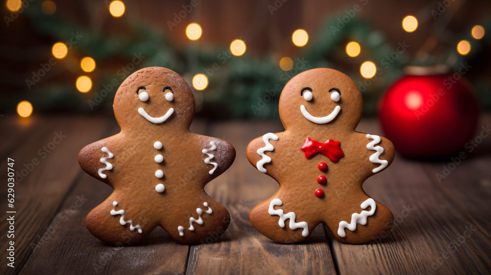 Two gingerbread cookies look delicious and festive. They are decorated with white icing. The background adds a touch of Christmas cheer.