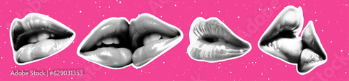 Woman kiss lips as retro halftone collage cutouts for mixed media design. Close mouth kiss in halftone texture, dotted pop art style. Vector illustration of vintage grunge punk crazy art templates.