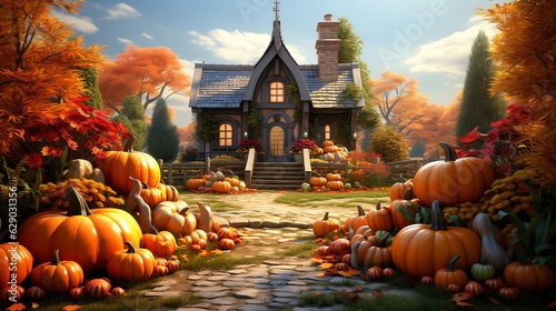 House decorated with halloween harvest festival attributes. Pumpkins, autumn leaves, jack o lantern. Generative AI