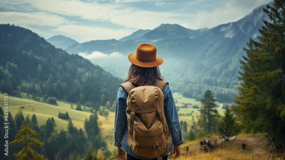 a woman in a hat with a backpack admires the mountain landscape, rear view. Generative Ai. a woman in a hat with a backpack admires the mountain landscape, rear view. Generative Ai.