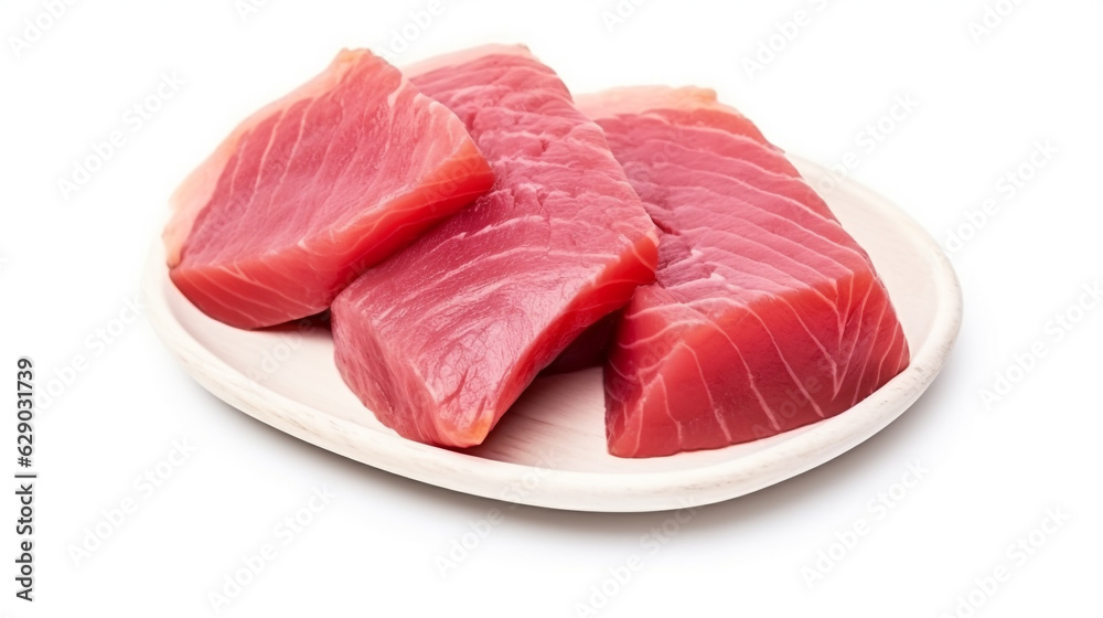 pieces of raw salmon on a white plate. Generative Ai. pieces of raw salmon on a white plate. Generative Ai.