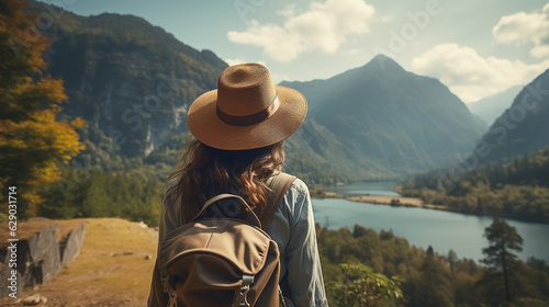 a girl in a hat with a backpack looks at the mountain landscape. Generative Ai. 