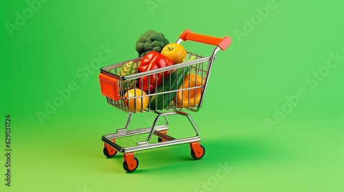 a basket in a supermarket full of vegetables and fruits on a green background. Generative Ai. 