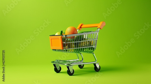 Trolley in a supermarket with vegetables on a green background. Generative Ai. 