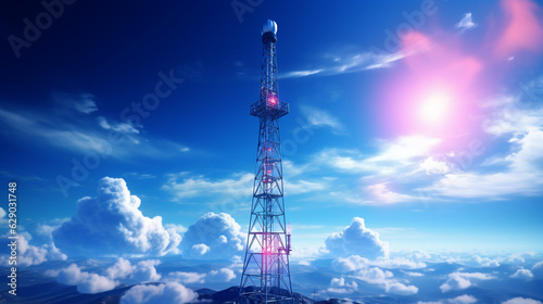 Mobile communication tower in the mountains against the background of clouds. Generative Ai.  photo