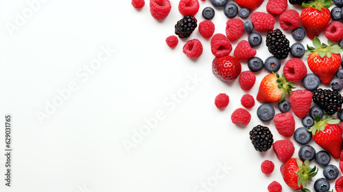 fresh berries on white background with empty space to insert top view. Generative Ai. 