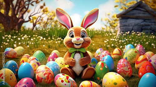 Happy bunny with many easter eggs on grass festive generative ai © fitriyatul