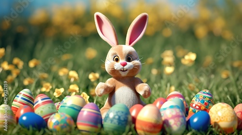 Happy bunny with many easter eggs on grass festive generative ai